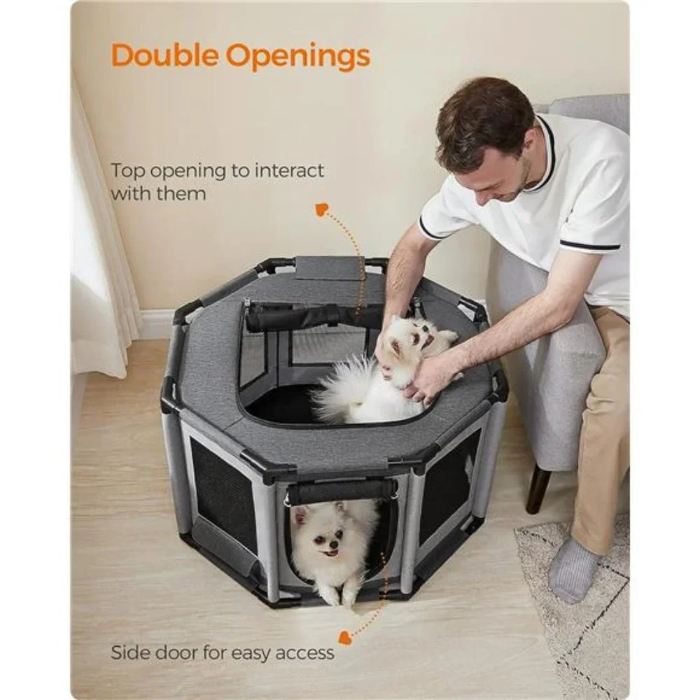 Dog Playpen, Oxford Fabric Dog Fence, Octagon Dog Crate, Dark and Light Gray, M